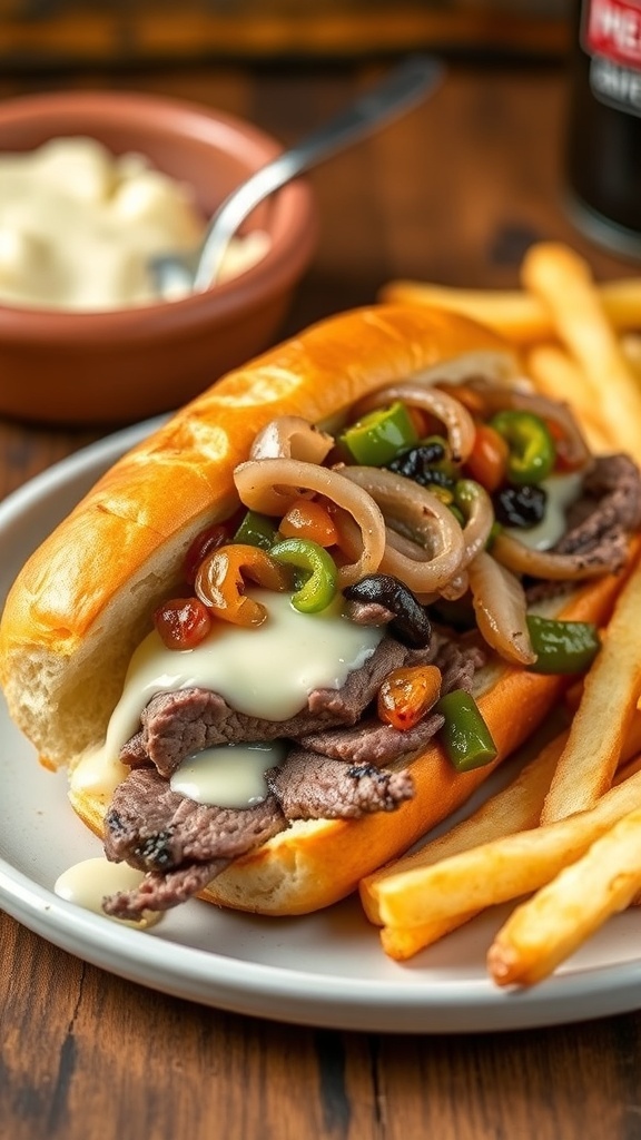Air Fryer Steak Um Sandwich Recipe A hearty Air Fryer Steak Um sandwich with melted cheese and sautéed vegetables on a toasted roll, served with fries.